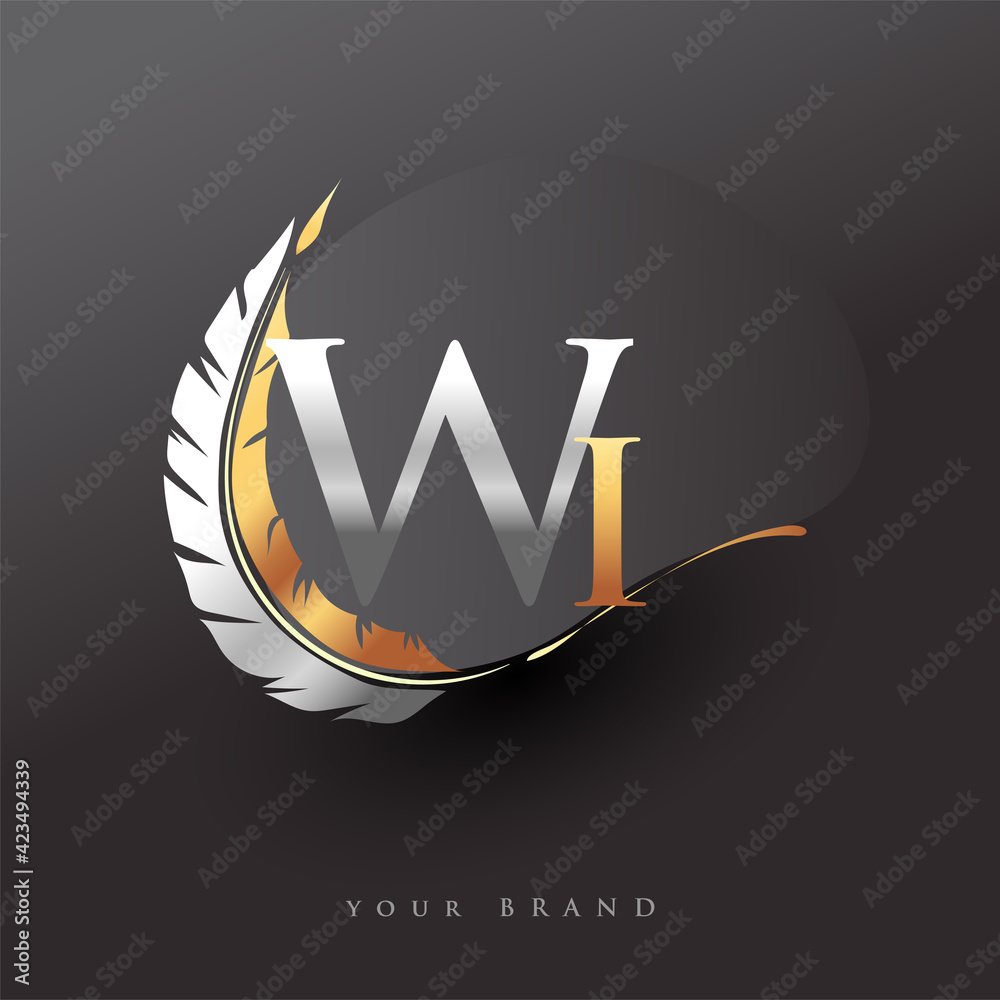 Initial letter WI logo with Feather Gold And Silver Color, Simple and Clean Design For Company Name. Vector Logo for Business and Company. - obrazy, fototapety, plakaty 