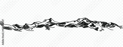 Vector Hand Drawn Mountains, Sketchy Illustration Isolated on Light Transparent Background, Nature Sketch, Freehand Drawing.
