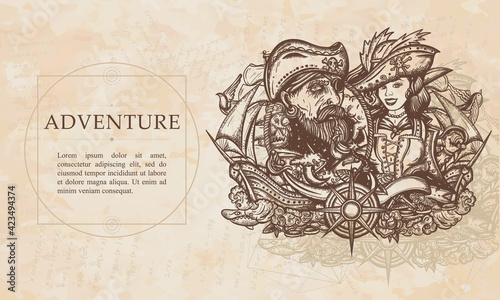 Adventure. Old sea wolf, pirate girl and ships. Symbol of treasure island. Renaissance background. Medieval manuscript, engraving art