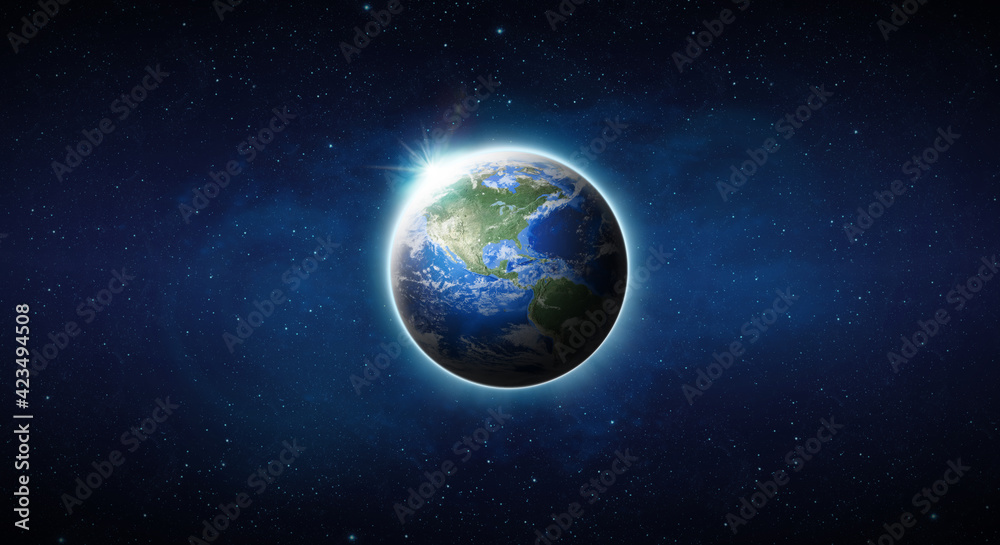 World or Earth on space. Blue Planet Earth view from outer space show North South America, USA. World Global in Universe, Star field, Galaxy, Nebula. Earth 3D render - Elements image furnished by NASA