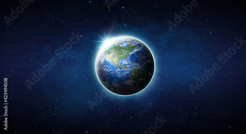 Fototapeta Naklejka Na Ścianę i Meble -  World or Earth on space. Blue Planet Earth view from outer space show North South America, USA. World Global in Universe, Star field, Galaxy, Nebula. Earth 3D render - Elements image furnished by NASA