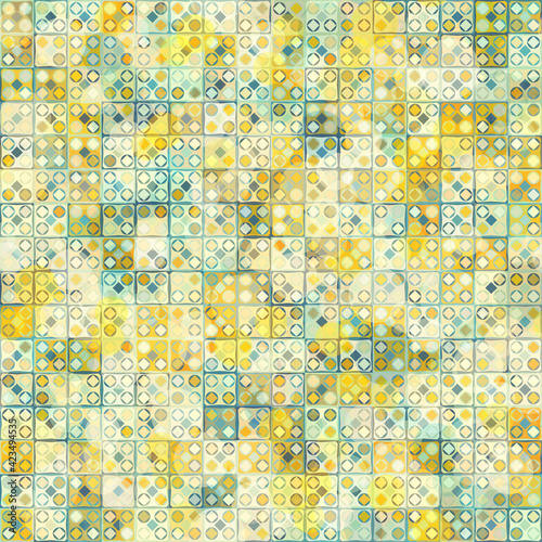 Seamless pattern. Chaotic shades of yellow and blue-green. Texture from circles and squares.