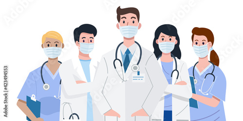 Frontline heroes, Illustration of doctors and nurses characters wearing masks. Vector