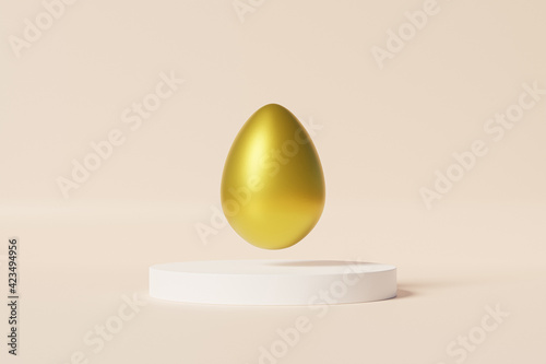 Easter egg decorated with gold on white podium, beige background, spring April holidays card, 3d illustration render photo