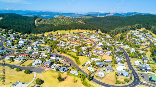 aerial view of a little village. Coromandel, New Zealand.