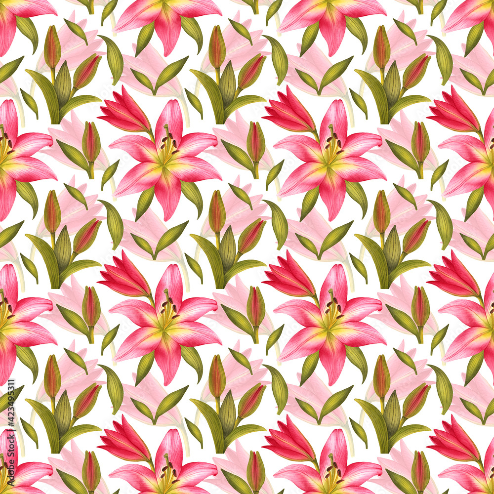 Pink Lily Flowers seamless pattern, fabric pattern, digital paper Pink Lily Flowers seamless pattern, fabric pattern, digital paper