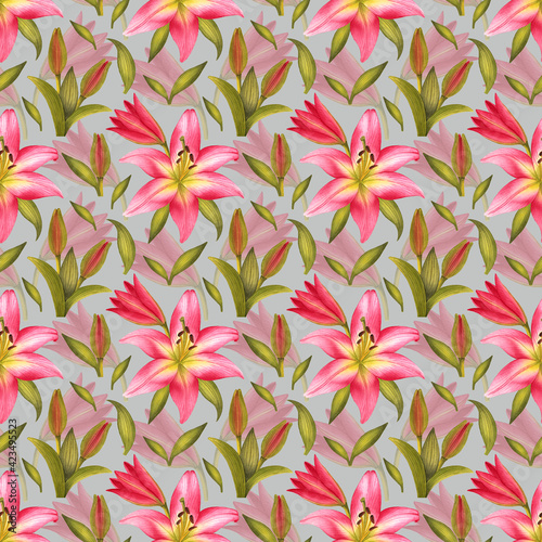 Pink Lily Flowers seamless pattern, fabric pattern, digital paper