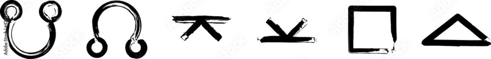 Set of the Astrological symbols: South Node, North Node, Inconjunctions, Semi-Sextiles, Squares, Trines. Black ink handwriting. Vector
Set of the Astrological symbols: South Node, North Node, Inconjunctions, Semi-Sextiles, Squares, Trines. Black ink handwriting. Vector