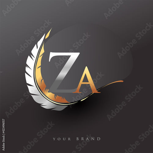 Initial letter ZA logo with Feather Gold And Silver Color, Simple and Clean Design For Company Name. Vector Logo for Business and Company.