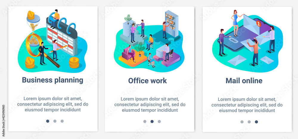 Modern flat illustrations in the form of a slider for web design. A set of UI and UX interfaces for the user interface.Business planning,office work, and mail online.