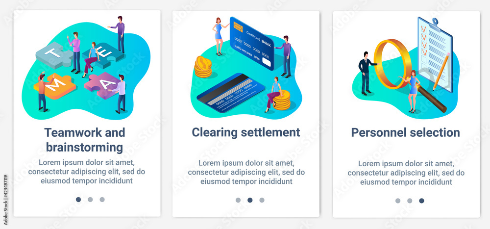 Modern flat illustrations in the form of a slider for web design. A set of UI and UX interfaces for the user interface.Cashless payments, brainstorming and recruitment.