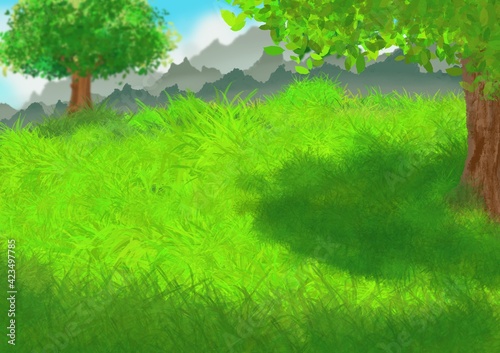 Wiese Fläche grün in Sonne Bäume Natur draußen im Hintergrund Berge Gebirge Sommer Rasen Gras natürlich Illustration Landschaft Panorama Frühling ausserhalb Park Urlaub erholung land 