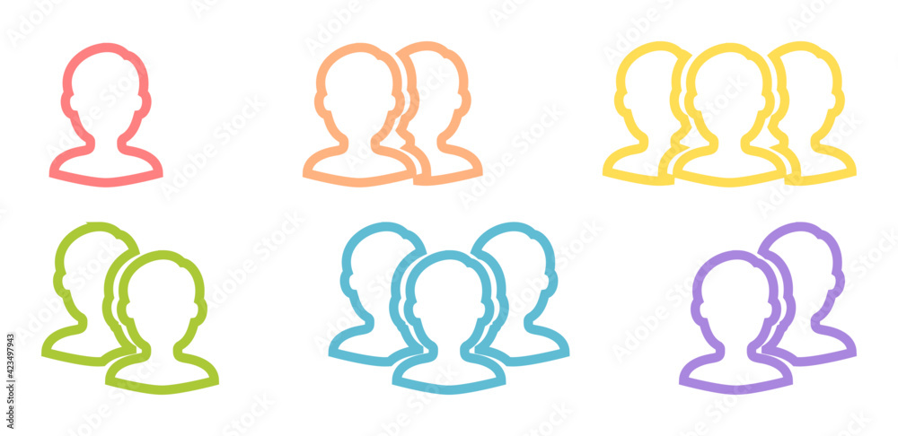 複数の人間の線画アイコンセット 1人 2人 3人の人間のシルエットのイラスト ユーザーやメンバーを表すカラフルな人間のシルエット Stock Vector Adobe Stock 複数の人間の線画アイコンセット 1人 2人 3人の人間のシルエットのイラスト ユーザーやメンバーを表すカラフルな人間のシルエット Stock Vector Adobe Stock