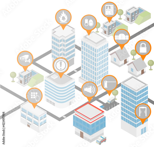 Security systems cover, banner. Isometric city with security equipment icons. Video surveillance, metal detector, fire alarm, barrier, fence, intercom, signaling, electric keys, security password.