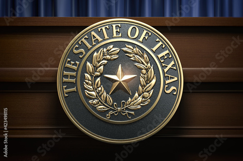 Symbol and big seal of State of Texas on the tribune. Press conference of governor of Texas or others political events of Texas concept. photo