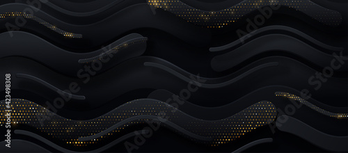 Abstract 3d background with layers of black paper. Vector geometric illustration of carbon sliced shapes with gold glittering elements. Graphic design element.