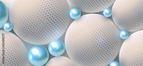 Abstract background with 3d spheres. Pearl and white bubbles. Vector illustration of balls with a halftone texture. Jewelry cover concept. Horizontal banner. © missinna1234