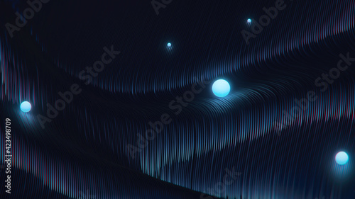 3d render metall background with sphere. Displacement surface. Random patterns extruded from the wavy shape.