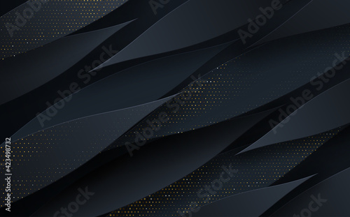 Abstract 3d background with layers of black paper. Vector geometric illustration of carbon sliced shapes with gold glittering elements. Graphic design element.