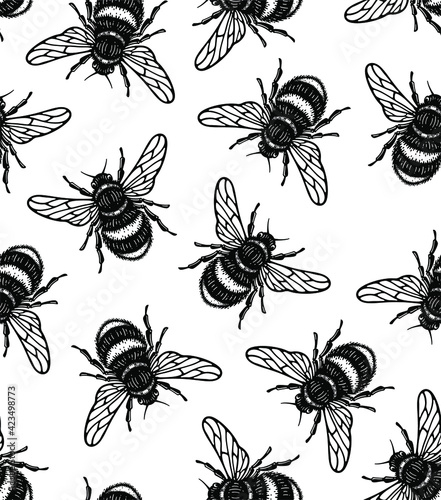 seamless pattern of honey bee in style doodle hand draw illustration