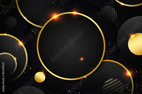 Abstract 3d background with layers of black paper. Vector geometric illustration of carbon sliced shapes with gold glittering elements. Graphic design element.