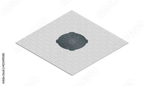 Vector illustration closed sewer hatch isolated on white background. Realistic manhole cover icon in flat cartoon style. Well hatch. Сlosed sewer pit with a hatch. Construction material.