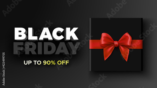 Black friday sale banner with gift square box and red bow. Package with ribbon. Vector illustration.