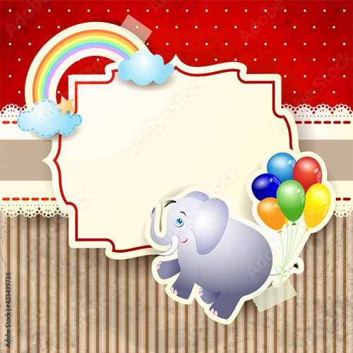Cute elephant and label on paper background. Vector illustration eps10