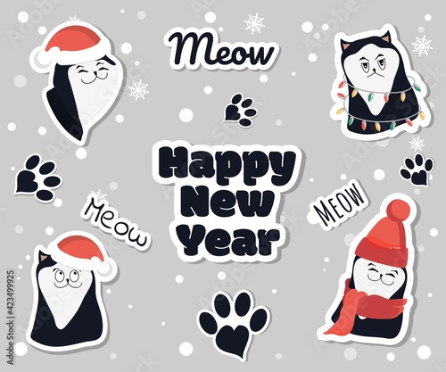Cute vector illustration of cats. Collection of Christmas and New Year stickers. Cheerful cats in santa hats and a disgruntled cat in a garland.