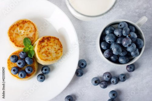 Cottage cheese pancakes, syrniki with blueberry in a white plate.