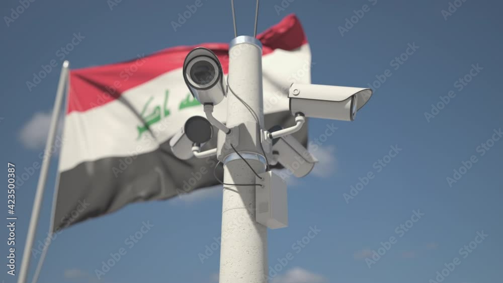 Flag of Iraq and four security cameras on the pole, looping 3d animation Flag of Iraq and four security cameras on the pole, looping 3d animation
