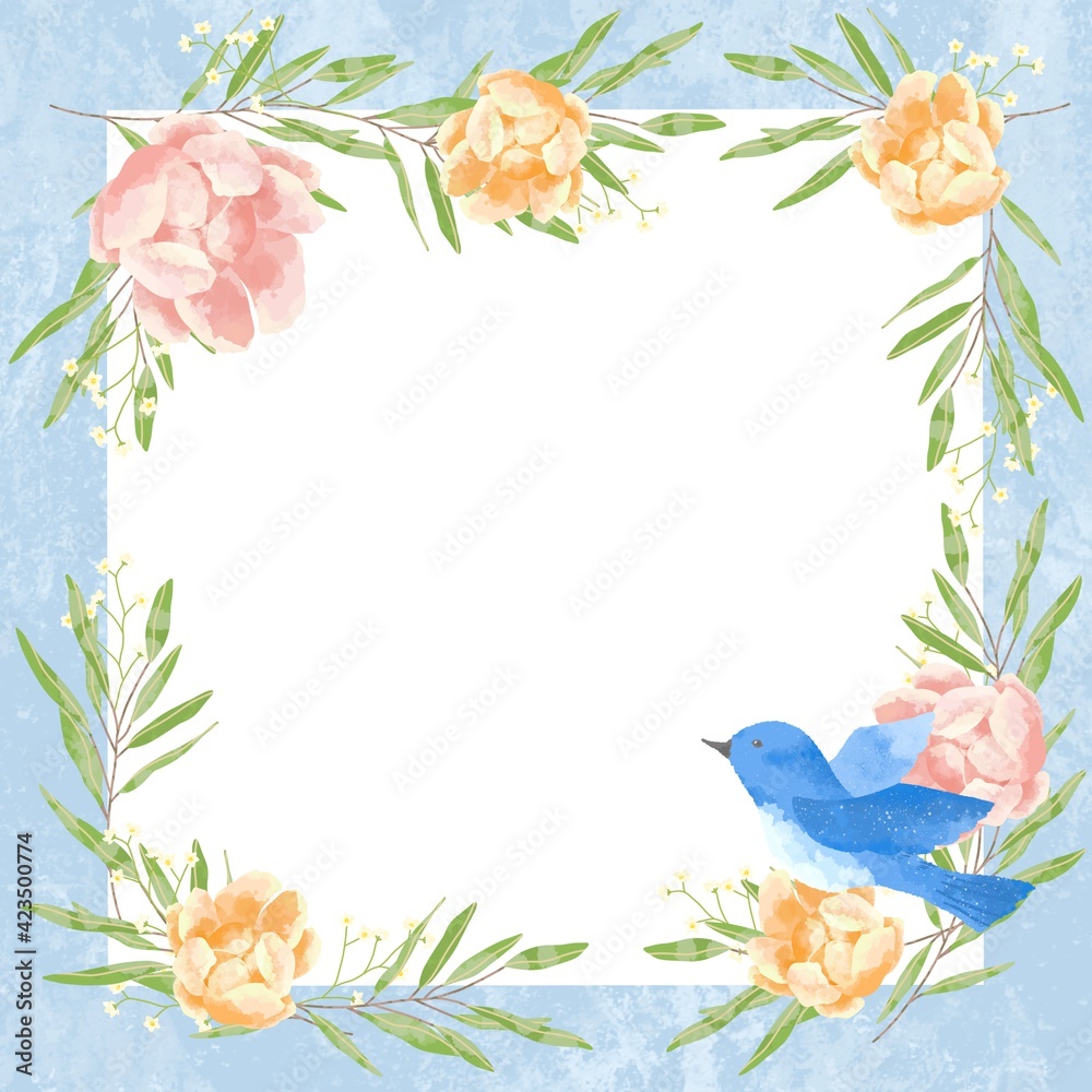 Naklejka premium 優しいタッチの幸せを運ぶ青い鳥と薔薇と勿忘草とユーカリのフレーム