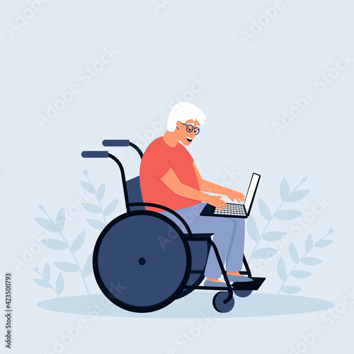 An elderly man in a wheelchair works on a laptop. A pensioner in a wheelchair. The concept of an accessible environment for people with disabilities. Flat vector illustration.