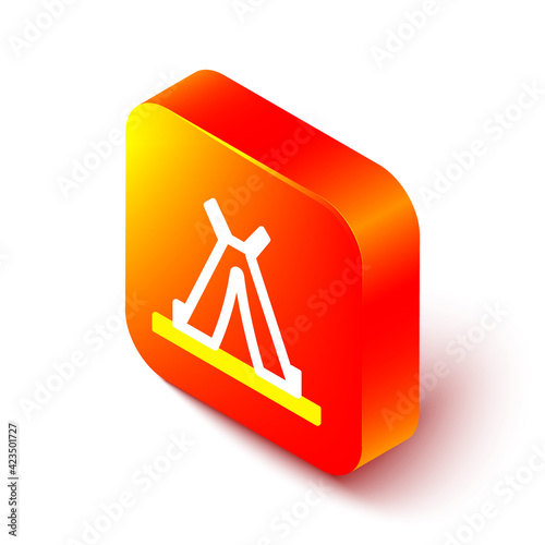 Isometric line Traditional indian teepee or wigwam icon isolated on white background. Indian tent. Orange square button. Vector Illustration