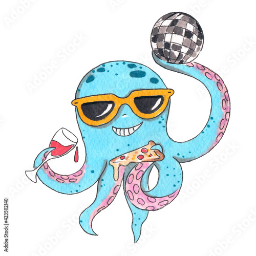 Hand drawn watercolor illustration. Clipart for children design. Cute happy blue octopus on vacation relax and having fun at sea party or disco with glass of wine, pizza and disco ball in tentacles.