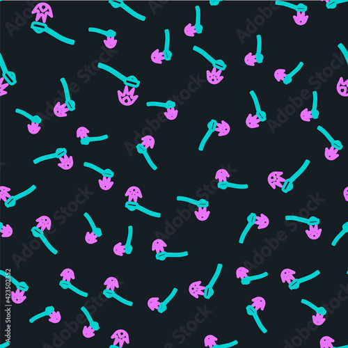 Line Heroin in a spoon icon isolated seamless pattern on black background. Concept of drug addiction and dependence from the narcotic. Junkie lifestyle. Vector Illustration