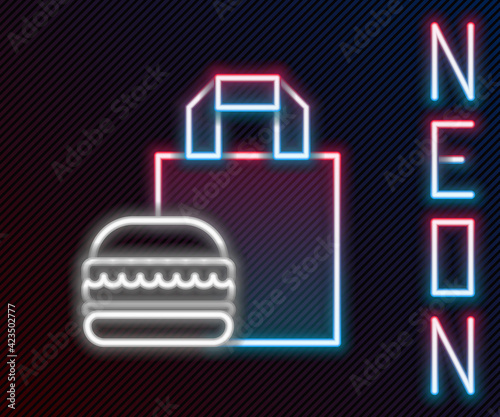 Glowing neon line Online ordering and burger delivery icon isolated on black background. Colorful outline concept. Vector Illustration