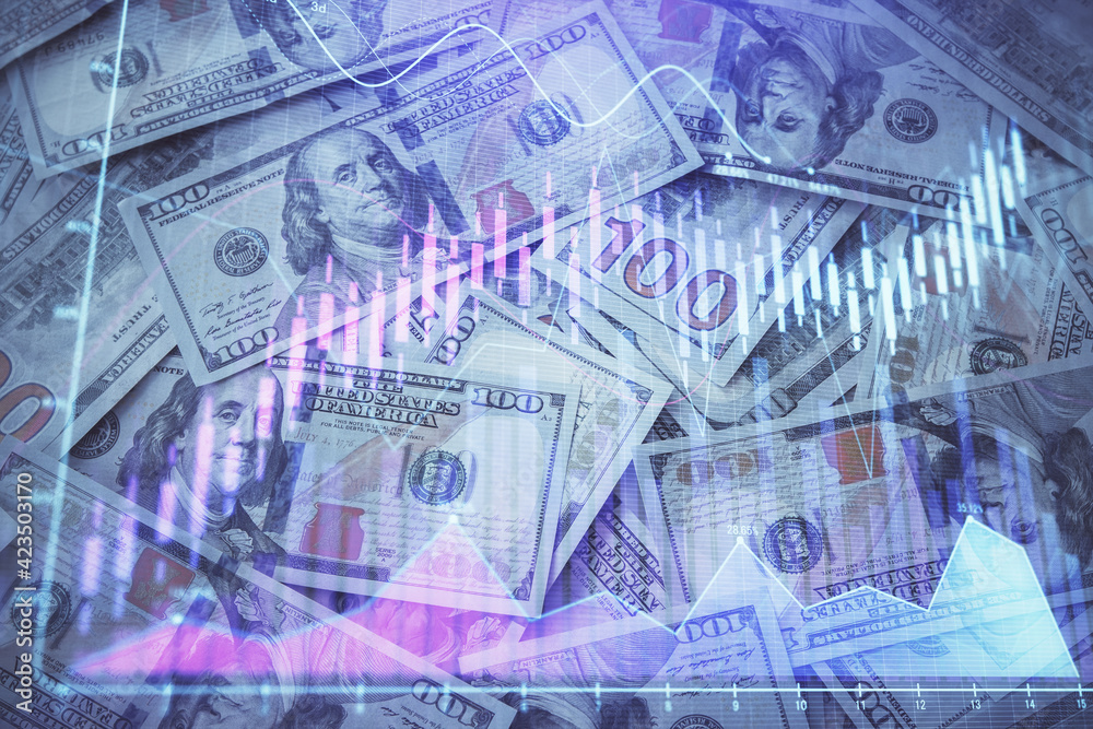 Multi exposure of forex chart drawing over us dollars bill background. Concept of financial success markets. Multi exposure of forex chart drawing over us dollars bill background. Concept of financial success markets.