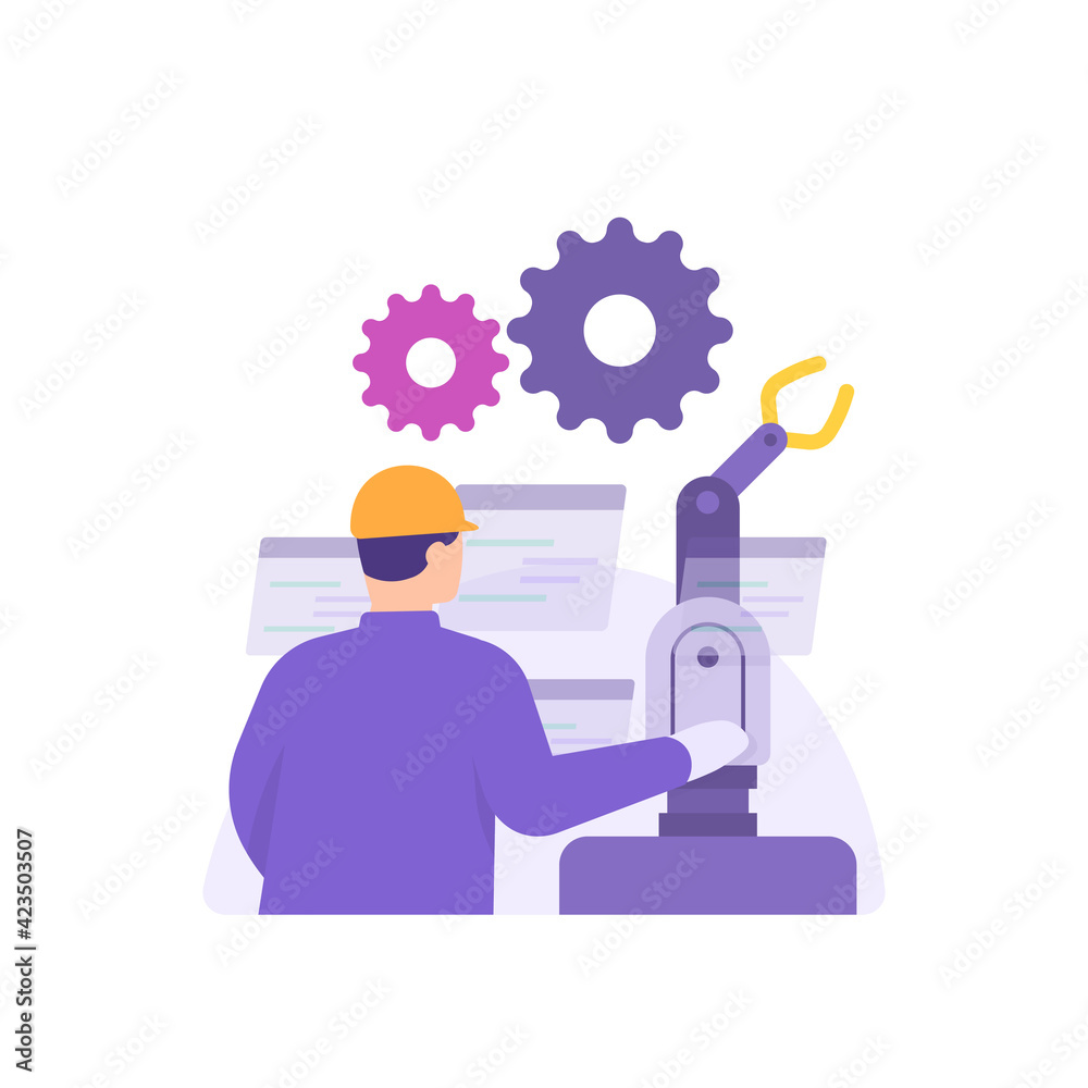the concept of a PLC programmer, instrumentation technician, electrical, automation engineer. a factory worker repairing or checking a robotic hand or electronic device. flat style. vector design the concept of a PLC programmer, instrumentation technician, electrical, automation engineer. a factory worker repairing or checking a robotic hand or electronic device. flat style. vector design