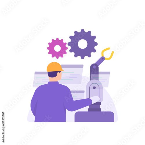 the concept of a PLC programmer, instrumentation technician, electrical, automation engineer. a factory worker repairing or checking a robotic hand or electronic device. flat style. vector design