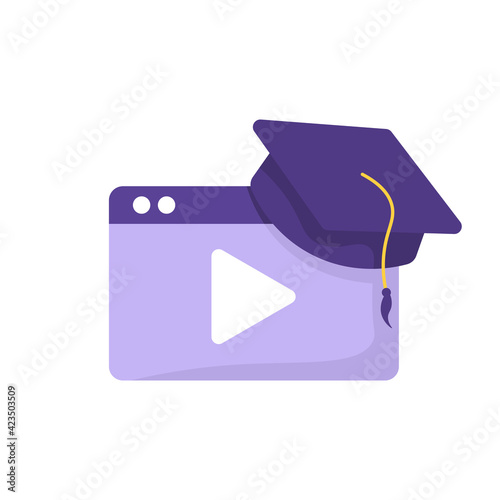 an icon concept about online graduation or virtual graduation. illustration of a toga hat and video symbol. flat style. vector design