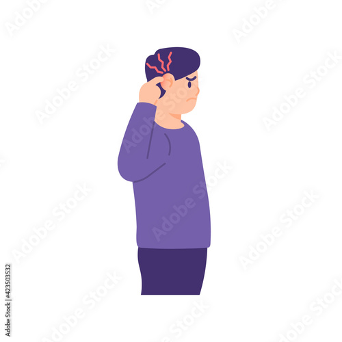expression of a boy who felt pain in his ear. suffering from or experiencing inflammatory ear disease, Otitis externa. ringing in the ears. flat style. vector illustration design