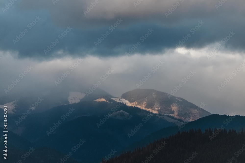 Carpathian mountains, winter, snow-capped peaks, clouds
