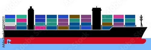 ngi1179 NewGraphicIcon ngi - english - ship hull with propeller and rudder . loaded container ship with waterline icon . stacked cargo containers . silhouette - xxl g10419 photo