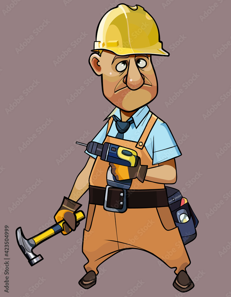 cartoon man in the uniform of a worker in a helmet with tools in his hands