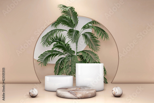 Luxury beige marble cylinder podium green palm leaves in pastel brown background. Concept scene stage showcase, product, perfume, promotion sale, banner, presentation, cosmetic. 3D render © asauriet