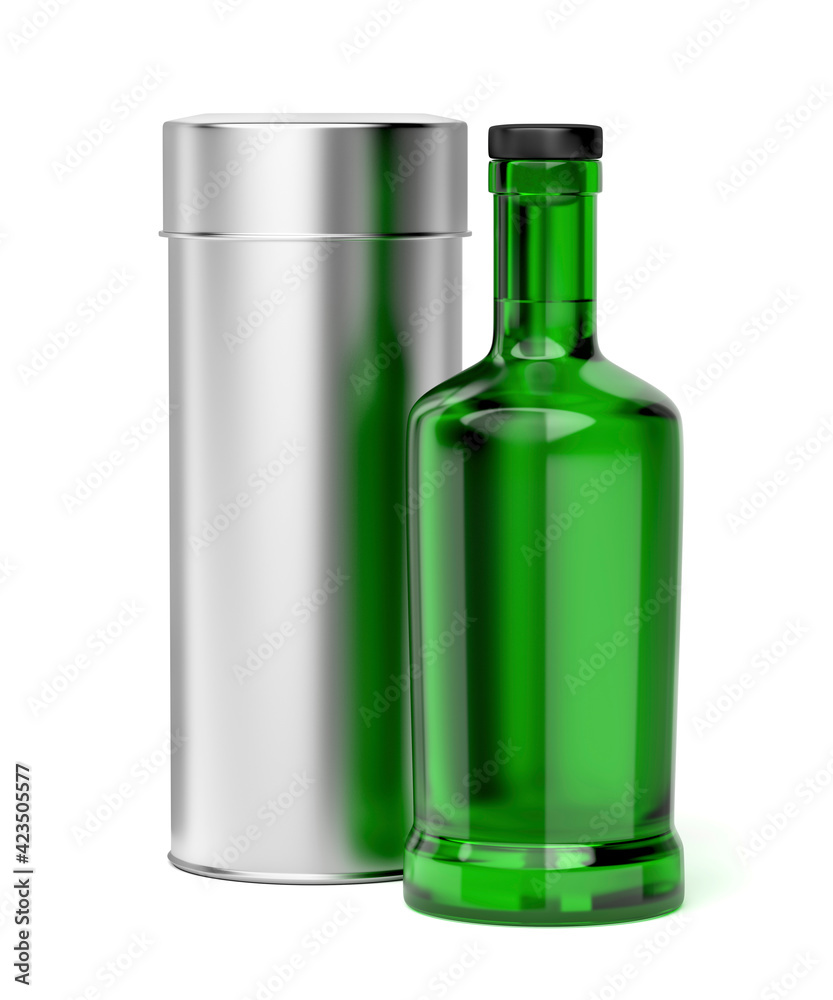Green glass bottle for alcoholic beverage and metal box on white background Green glass bottle for alcoholic beverage and metal box on white background