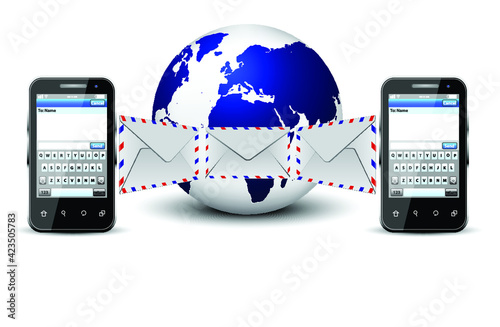 Sms messages, mobile phone and earth. SMS voting. 3d