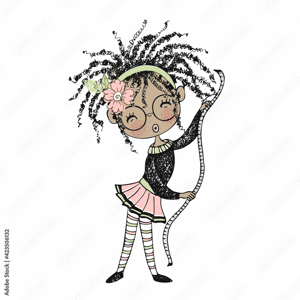 Fototapeta premium Cute black dressmaker girl with a sewing meter. Doodle style. Vector