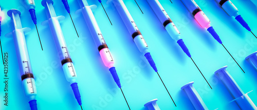 Bild auf Leinwand syringes with vaccination doses to protect against viruses (3d rendering)
